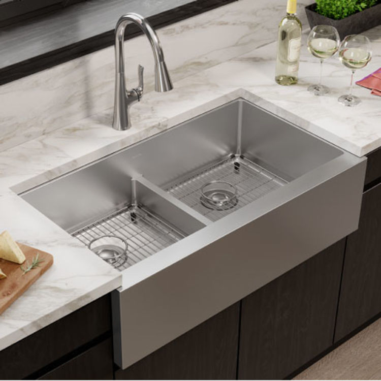 View 4 of Elkay EFRUFFA3417 Elkay EFRUFFA3417 Crosstown Equal Double Bowl Farmhouse Sink with Aqua Divide, Stainless Steel, 35-7/8