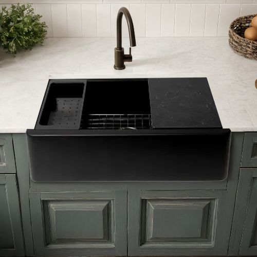 ALFI Black Granite Composite Workstation, 33in x 201/2in DropIn with Center Drain Single Bowl